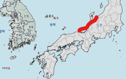 효고현(붉은 선 좌측 끝)에서 도야마현(우측 끝). 사진 제공=한국 기상청