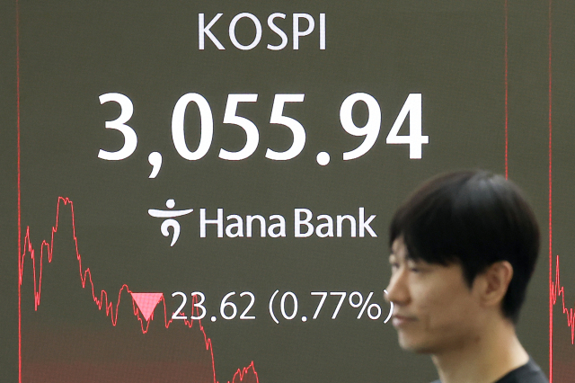 27일 서울 중구 하나은행 본점 딜링룸 현황판에 코스피 지수가 표시돼 있다. 이날 코스피 지수는 전 거래일보다 23.62포인트(0.77%) 내린 3055.94로 마감했다. 연합뉴스