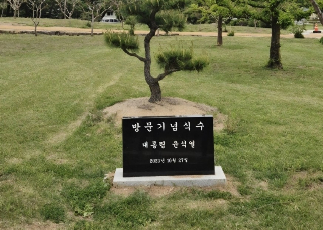 2023년 10월 병산서원에 설치됐던 윤석열 전 대통령 방문기념식수 비석. 연합뉴스