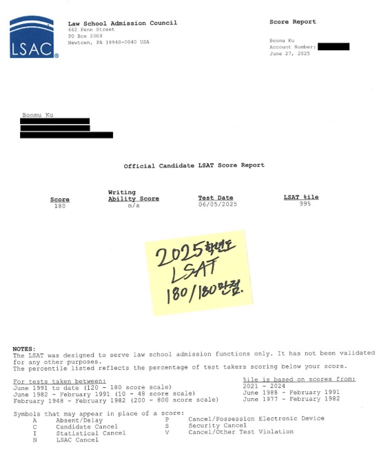 사진. 공식 LSAT 성적표 스캔본