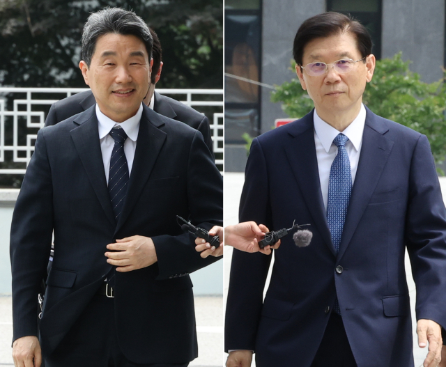 이주호(왼쪽) 부총리 겸 교육부 장관과 박종준 전 대통령경호처장이 4일 내란특검 조사를 받기 위해 특검 조사실이 마련된 서울고검으로 향하고 있다. 연합뉴스