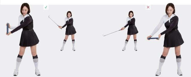 오른쪽 손목 꺾임을 유지하면 다이어리가 타깃 반대쪽을 항하게 된다(왼쪽). 오른쪽 손목이 일찍 풀리면 다이어리가 지면을 바라보게 된다.