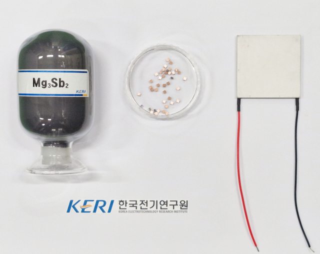 (왼쪽부터) 마그네슘 안티모나이드, 금속화 공정을 통해 접합된 열전반도체와 전극, 이를 활용해 제작한 열전발전 모듈 시제품. 사진 제공=한국전기연구원