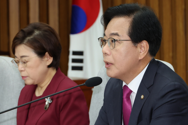 송언석 국민의힘 비상대책위원장 겸 원내대표가 8일 서울 여의도 국회에서 열린 원내대책회의에서 발언하고 있다. 연합뉴스