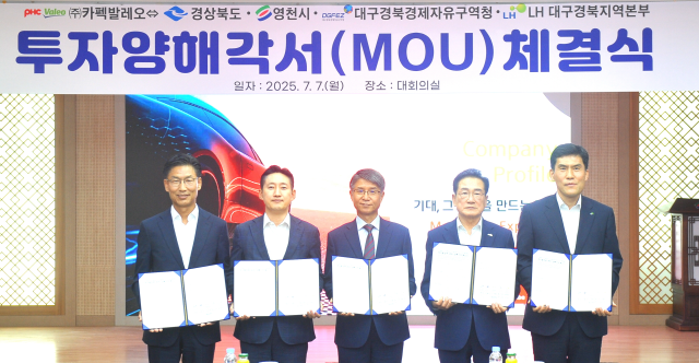 신순철(가운데) 카펙발레오 대표와 김병삼(왼쪽 첫번째) 대구경북경제자유구역청장 등이 7일 투자협약을 체결한 뒤 기념촬영을 하고 있다. 사진제공=대구경북경제자유구역청