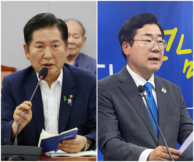 더불어민주당 차기 당 대표 선거에 출마한 정청래 의원이 9일 서울 여의도 국회 의원회관에서 열린 당원 주권 정당개혁 토론회에서 발언하고 있다.(사진 왼쪽) 같은 날 박찬대 의원은 전남 무안군 전남도의회 브리핑룸에서 기자회견을 열고 인사말하고 있다.(사진 오른쪽) 연합뉴스