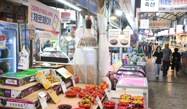 이달 7일 한산한 모습을 보이는 서울 종로구 영천시장의 한 점포에 온누리상품권 및 지역화폐 사용처임을 알리는 안내문이 게시돼 있다. 오승현 기자