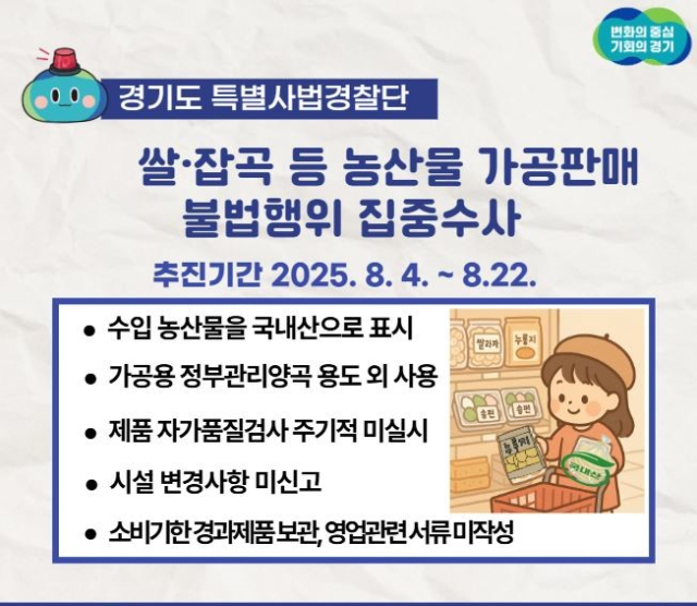경기도특별사법경찰단 농산물 가공·판매 업체 불법행위 집중수사 안내문. 이미지 제공 = 경기도