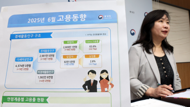 공미숙 통계청 사회통계국장이 16일 정부세종청사에서 2025년 6월 고용동향에 관해 설명하고 있다. 연합뉴스.