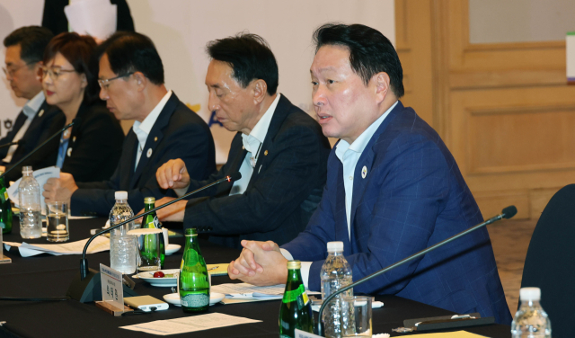 최태원 SK그룹 회장 겸 대한상공회의소 회장이 18일 경주에서 열린 'APEC 경제인 행사 추진위원회 제2차 회의'에서 인사말을 하고 있다. 사진제공=대한상의
