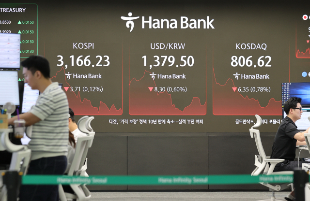 23일 서울 중구 하나은행 본점 딜링룸에서 직원들이 업무를 보고 있다. 연합뉴스