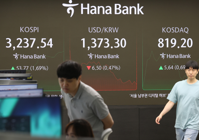 24일 서울 중구 하나은행 본점 딜링룸에서 직원들이 업무를 보고 있다. 연합뉴스
