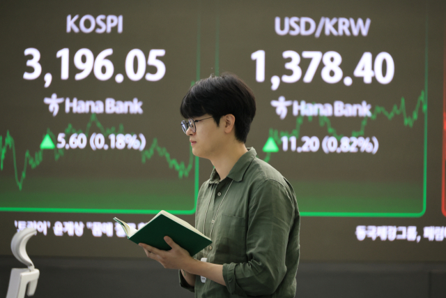 25일 서울 중구 하나은행 본점에서 직원들이 증시와 환율을 모니터하고 있다. 이날 코스피 지수는 전장보다 5.60포인트(0.18%) 오른 3196.05에 거래를 마쳤다. 한때 3205.82까지 올랐으나 더 이상 탄력을 받지 못하고 상승세가 둔화했다. 코스닥 지수는 2.94포인트(0.36%) 내린 806.95로 마감했다. 연합뉴스