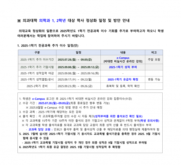 경희대 의대가 발표한 본과 1,2학년 학사 정상화 방안. 제보자 제공