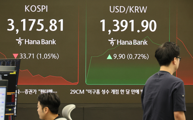 29일 서울 중구 하나은행 본점 딜링룸에서 직원들이 업무를 보고 있다. 연합뉴