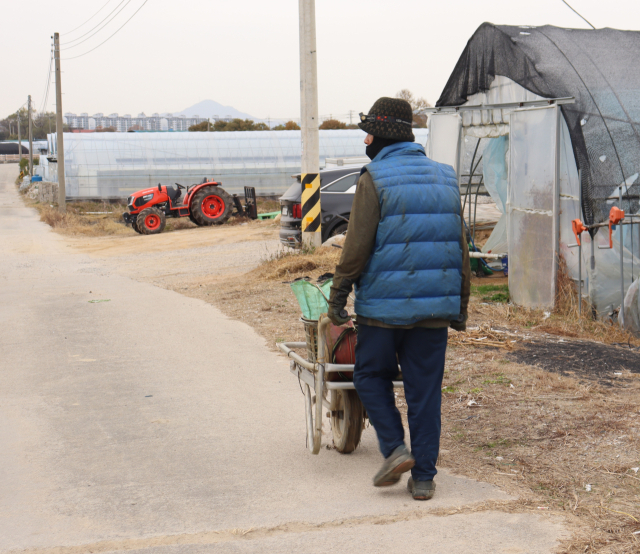 한 이주노동자가 농기구를 옮기고 있다. 연합뉴스