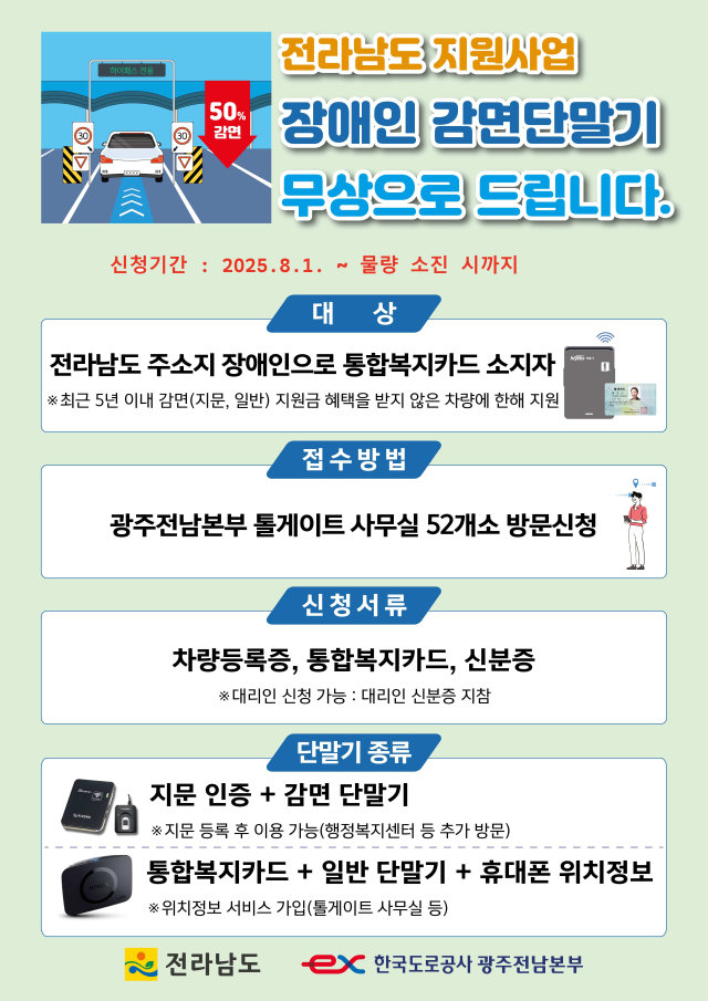전남도가 한국도로공사 광주전남본부와 함께 1400대의 ‘장애인용 하이패스 단말기’ 무상 지원을 안내하는 홍보 포스터. 사진 제공=전라남도