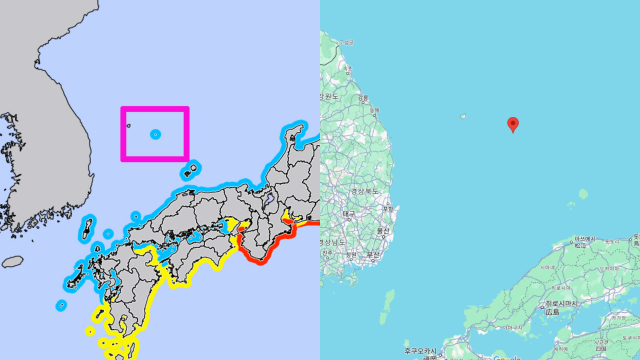 일본 기상청 쓰나미 경보 지도에서 하늘색 범위에 포함된 독도가 일본 영토처럼 표기된 모습(왼쪽)과 구글 지도에서 검색된 독도의 위치. 사진=구글 지도, 일본 기상청 캡쳐