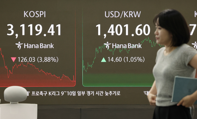1일 서울 중구 하나은행 본점 딜링룸에서 직원들이 업무를 보고 있다. 이날 코스피는 전장보다 126.03포인트(3.88%) 내린 3119.41에 장을 마쳤다. 연합뉴스