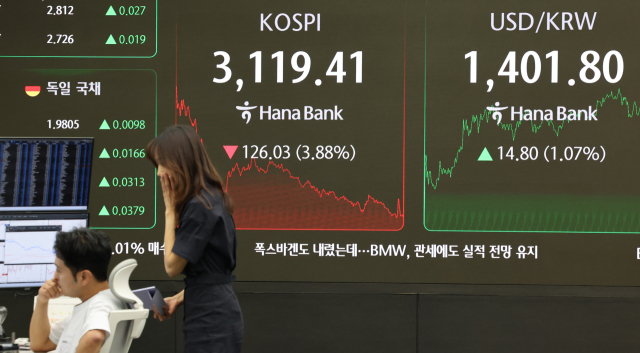 1일 코스피는 전일보다 126.03포인트(3.88%) 내린 3119.41을 기록했다. 연합뉴스