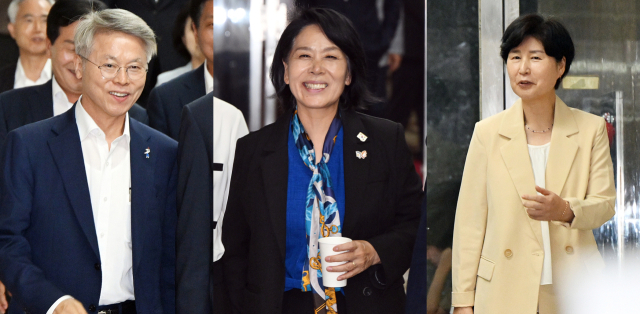 정청래 더불어민주당 신임 대표가 3대 개혁 특별위원회 설치와 함께 위원장을 임명했다. 민형배(왼쪽부터) 검찰개혁특위 위원장, 최민희 언론개혁특위 위원장, 백혜련 사법개혁특위 위원장이 4일 서울 여의도 국회에서 열린 비공개 의원총회에 참석하고 있다. 오승현 기자 2025.08.04