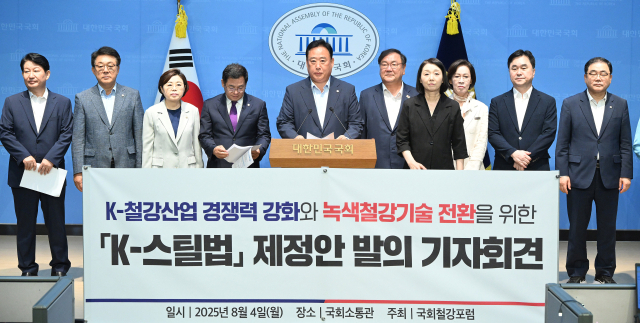 국회철강포럼 소속 의원들이 4일 ‘K스틸법’ 발의 기자회견을 하고 있다. 오승현 기자
