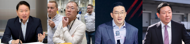 최태원(왼쪽부터) SK그룹 회장, 정의선 현대차그룹 회장, 구광모 LG그룹 회장, 신동빈 롯데그룹 회장. 사진 제공=각 그룹
