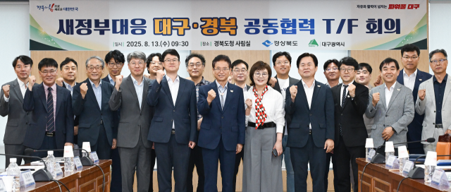 13일 경북도청에서 ‘대구경북 공동 협력 전담팀’ 첫 회의 후 참석자들이 파이팅을 외치고 있다. 사진제공=경북도