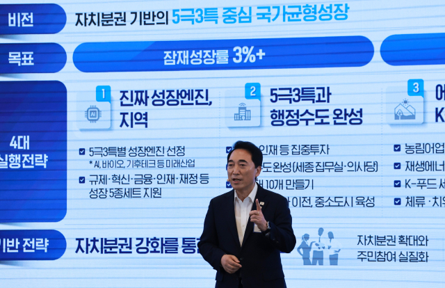 박수현 국정기획위원회 국가균형성장특별위원장이 13일 청와대 영빈관에서 열린 국정기획위 국민보고대회에서 발표하고 있다. 연합뉴스