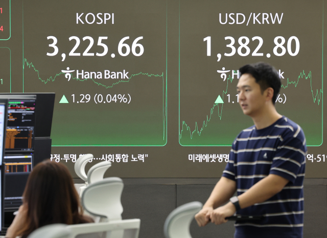 14일 서울 중구 하나은행 본점 딜링룸의 전광판에 이날 거래를 마감한 코스피지수 등이 표시돼 있다. 연합뉴스
