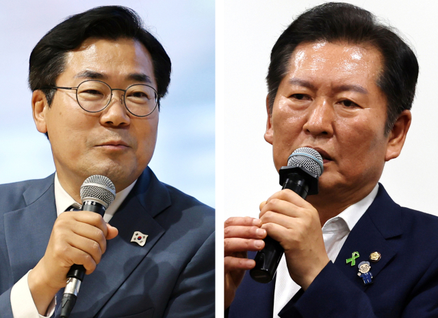 박찬대 더불어민주당 의원(왼쪽)과 정청래 더불어민주당 대표(오른쪽)