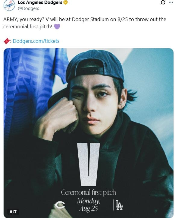 BTS 뷔가 시구한다고 알린 LA 다저스 SNS 게시물. LA 다저스 SNS 캡처