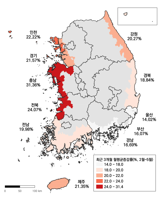 연안 지자체별 내국인 관광소비 최근 3개월 월평균 증감률(2025년 2월~5월).사진제공=KMI