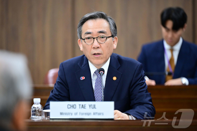 조태열 전 외교부 장관이 지난 5월 26일 서울 종로구 외교부 청사에서 제57회 한일경제인회의 참석 차 방한한 아소 유타카 아소시멘트 회장 겸 일한경제협회 부회장을 접견하며 인사말을 하고 있다. 뉴스1