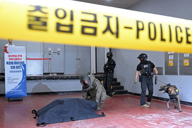 19일 서울 종로구 정부서울청사 별관에서 2025 을지연습의 일환으로 택배 폭발물 테러를 대비해 열린 관·경·군·소방 합동 훈련에서 경찰특공대와 56사단 폭발물 처리반이 현장 대응을 하고 있다.
