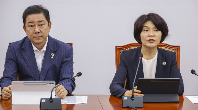 한정애 더불어민주당 정책위의장이 19일 국회에서 열린 원내대책회의에서 발언하고 있다. 연합뉴스