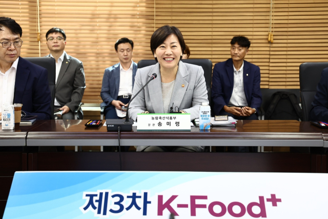 송미령 농림축산식품부 장관이 20일 서울 aT센터에서 주요 농식품 및 농산업 수출기업, 유관기관과 함께 2025년 제3차 K푸드+ 수출확대 추진본부 간담회를 개최했다. 사진 제공=농림축산식품부