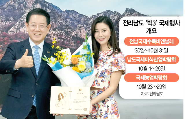 김영록 전라도지사가 지난 6월 26일 전남도청 접견실에서 배우 김규리에게 전남국제수묵비엔날레 홍보대사 위촉장을 수여하며 기념촬영을 하고 있다. 사진 제공=전라남도