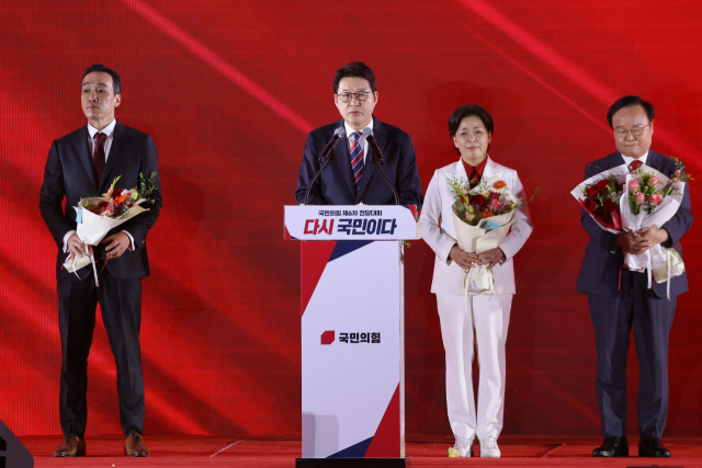 22일 충북 청주시 흥덕구 청주오스코에서 열린 국민의힘 제6차 전당대회에서 최고위원에 당선된 신동욱 후보가 수락 연설을 하고 있다. 연합뉴스