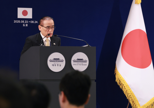 위성락 국가안보실장이 24일 일본 도쿄의 한국프레스센터가 마련된 호텔에서 이재명 대통령의 일본 방문 관련 브리핑을 하고 있다. 연합뉴스