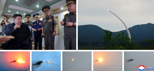 북한 미사일총국은 23일 김정은 국무위원장이 참관한 가운데 신형 지대공미사일의 시험 사격을 실시했다. 조선중앙통신·연합뉴스