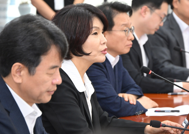 한정애 더불어민주당 정책위의장이 28일 서울 여의도 국회에서 열린 정책조정회의에 참석해 현안에 관해 발언하고 있다. 오승현 기자