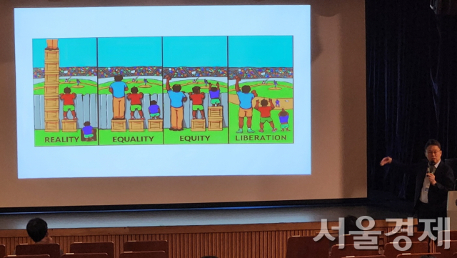 김형모 경기대 교수가 28일 국립민속박물관의 ‘문화소외 아동을 위한 박물관의 포용적 전시·교육’ 학술대회에서 ‘현실-평등-공정-자유’를 나타내는 유명한 삽화를 예로 들면서 문화소외 아이들에 대한 적절한 행동을 촉구하고 있다. 최수문기자