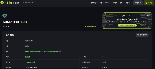 30일 오전 11시 16분 기준 카이아 기반 USDT 보유자 수 현황(5만 9301명). 사진 제공=카이아 스캔