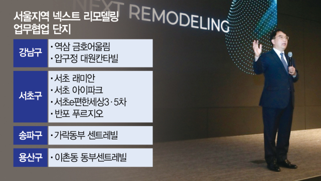 김상국 삼성물산 주택개발사업부장이 지난달 27일 열린 래미안 ‘넥스트 리모델링’ 파트너십 행사에서 발언하고 있다. 사진 제공=삼성물산