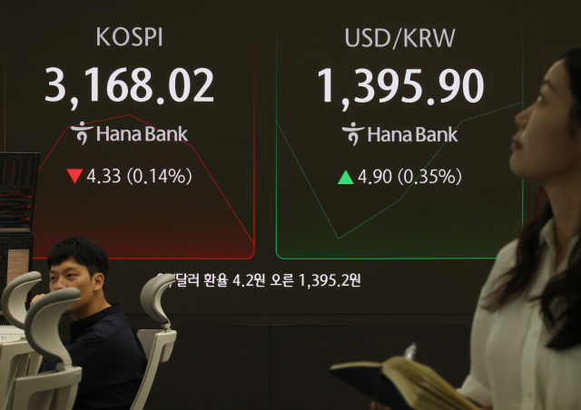 3일 중구 하나은행 본점 딜링룸 전광판에 실시간 코스피와 원·달러 환율이 표시돼 있다. 연합뉴스