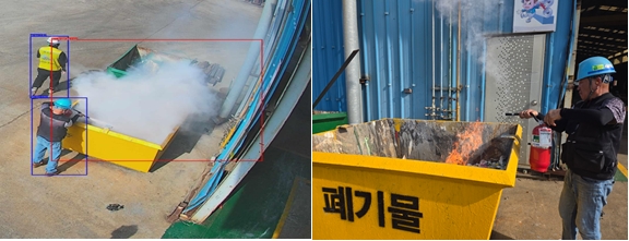 AI 연기 감지로 초기 화재 진압하는 모습 [사진= 전남 영암군 B 조선소 제공]