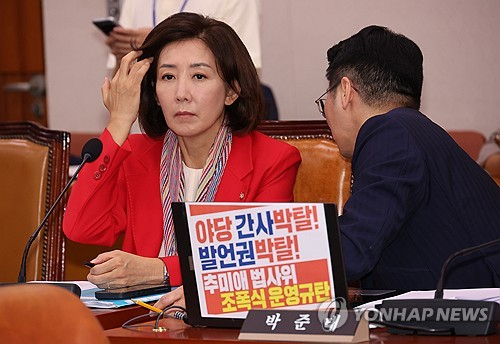 4일 서울 여의도 국회에서 열린 법제사법위원회 전체회의에서 국민의힘 나경원 의원과 박준태 의원이 대화하고 있다. 연합뉴스