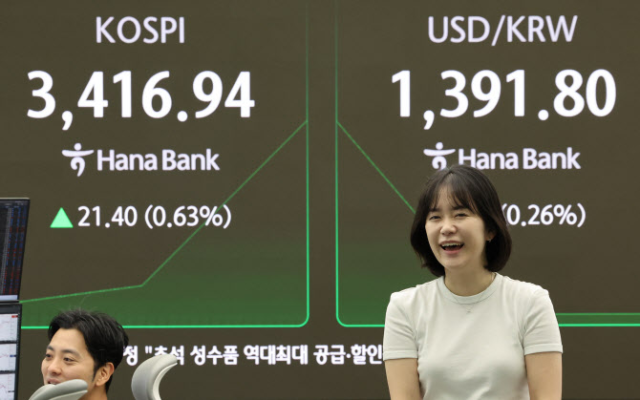 15일 서울 중구 하나은행 본점 딜링룸에서 직원들이 업무를 보고 있다. 연합뉴스