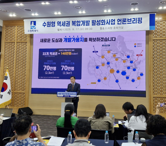 이재준 수원시장이 17일 오전 시청 중회의실에서 이 같은 내용의 ‘수원형 역세권 복합개발 활성화 사업’ 브리핑을 하고 있다. 사진 제공 = 수원시